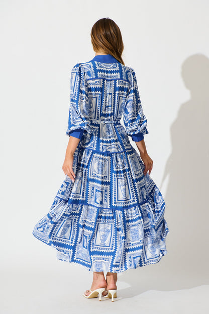 Nouveau Maxi Shirt Dress in Blue with White Stamp Print