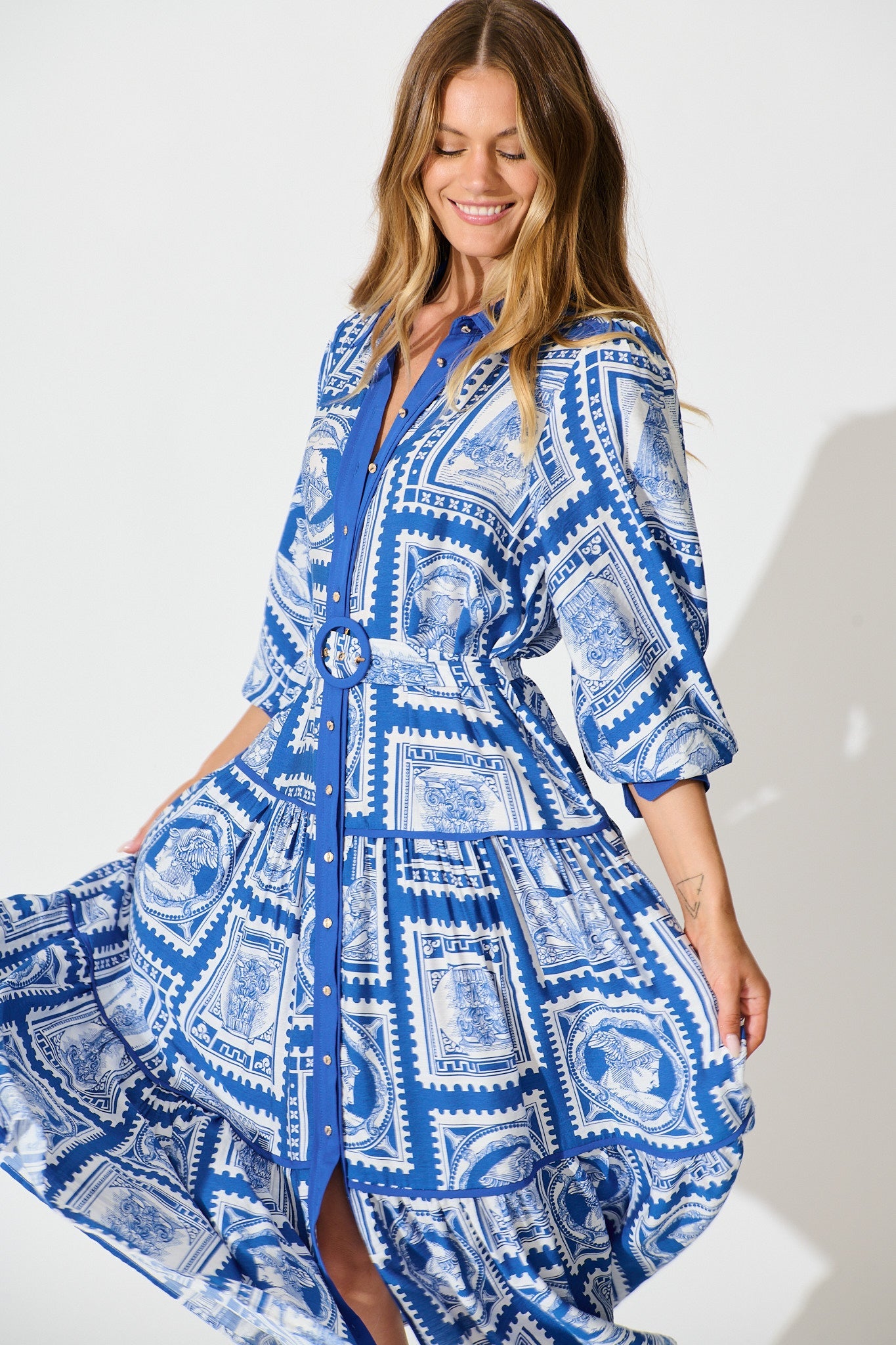 Nouveau Maxi Shirt Dress in Blue with White Stamp Print