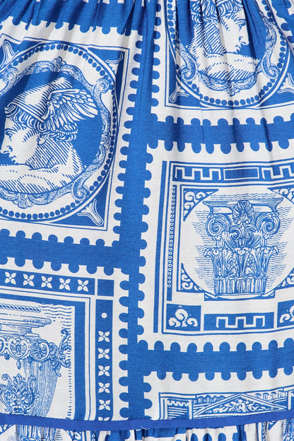 Nouveau Maxi Shirt Dress in Blue with White Stamp Print