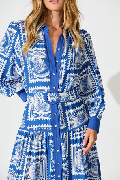 Nouveau Maxi Shirt Dress in Blue with White Stamp Print