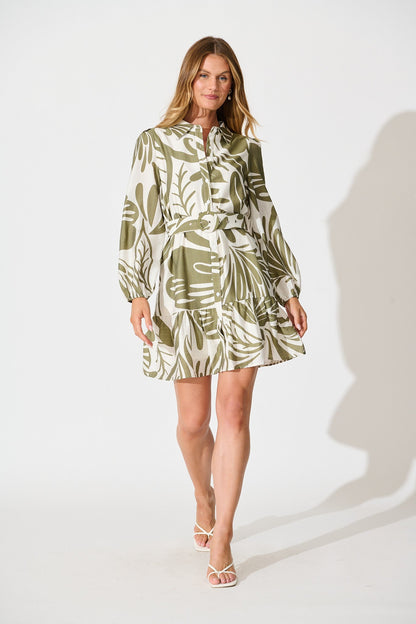 Della Shirt Dress in Khaki and Cream Leaf Print