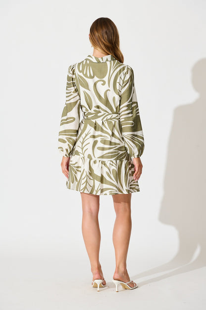 Della Shirt Dress in Khaki and Cream Leaf Print