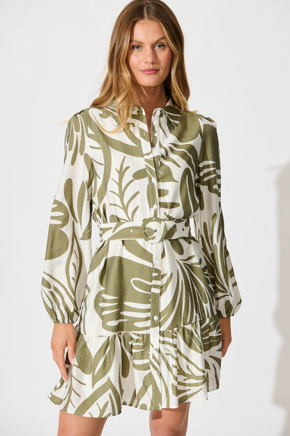 Della Shirt Dress in Khaki and Cream Leaf Print