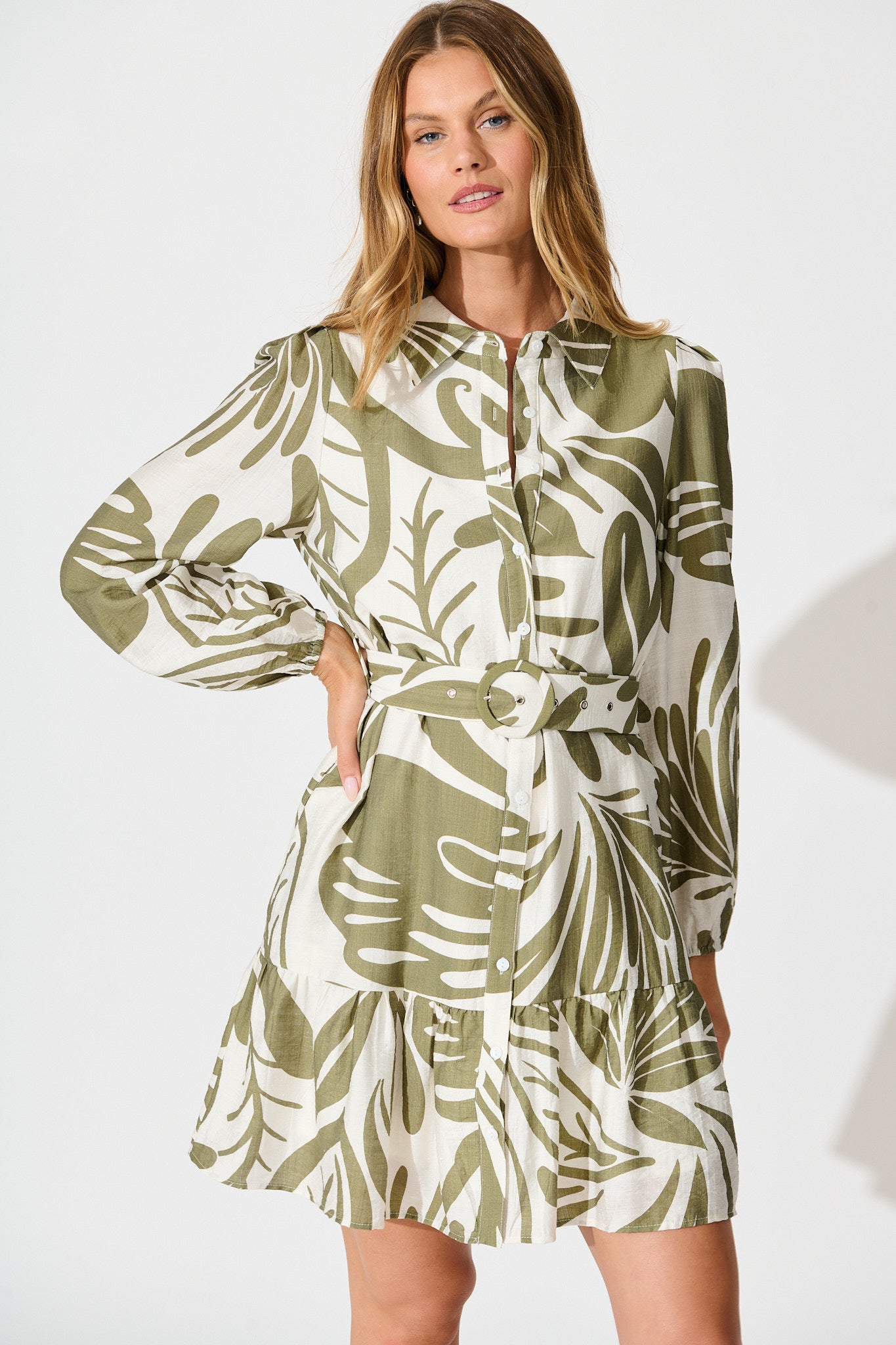 Della Shirt Dress in Khaki and Cream Leaf Print