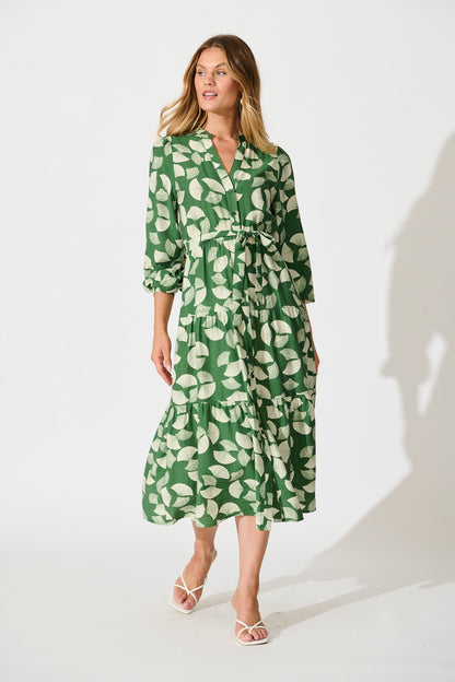 Donissa Midi Dress in Green with White Print