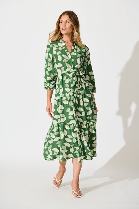 Donissa Midi Dress in Green with White Print