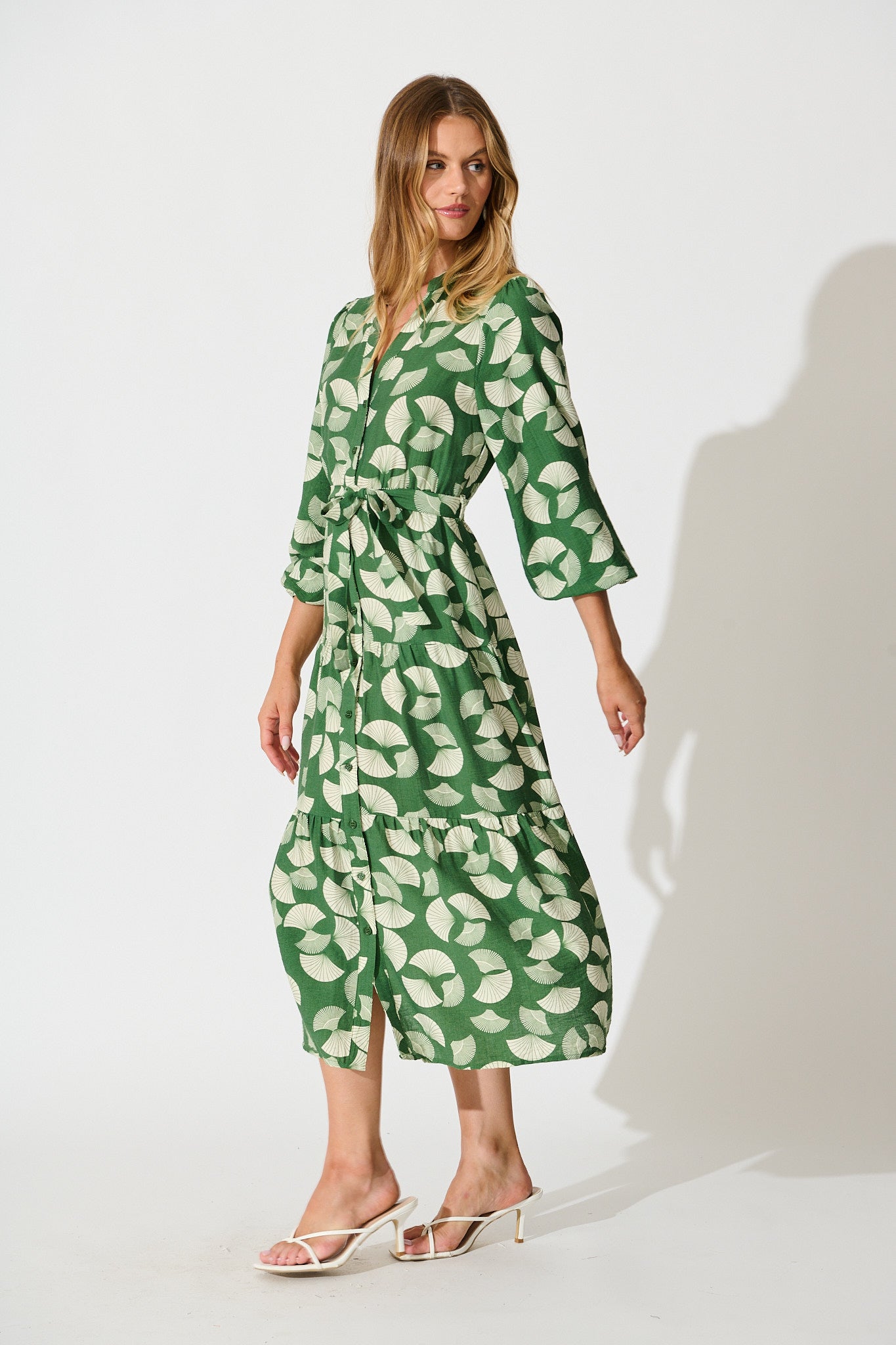 Donissa Midi Dress in Green with White Print