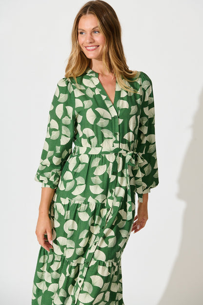Donissa Midi Dress in Green with White Print