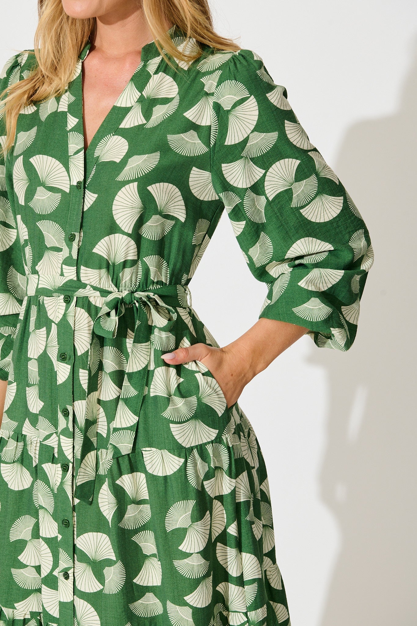 Donissa Midi Dress in Green with White Print