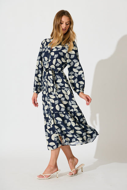 Donissa Midi Dress in Navy with White Print