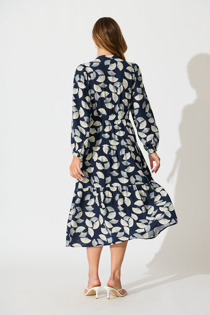 Donissa Midi Dress in Navy with White Print