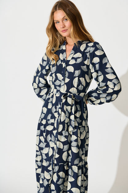 Donissa Midi Dress in Navy with White Print