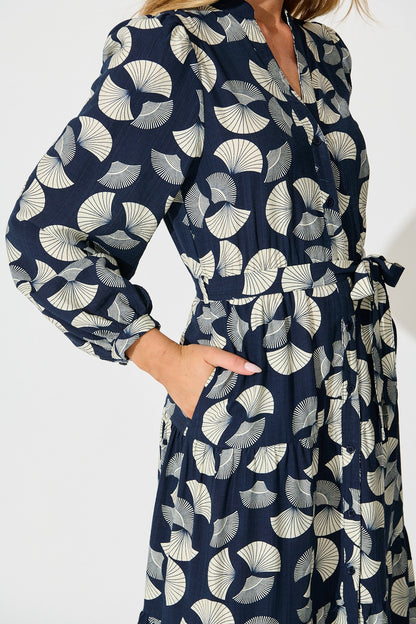 Donissa Midi Dress in Navy with White Print
