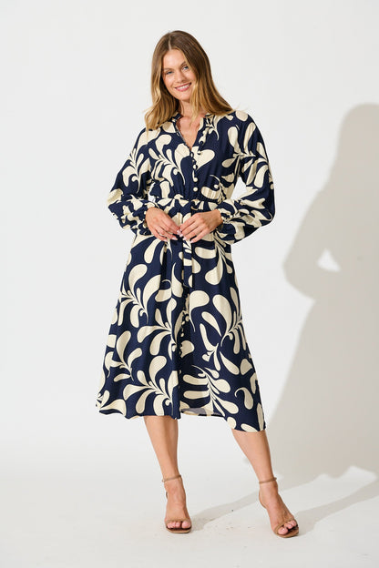 Peyton Midi Dress in Navy with White Print