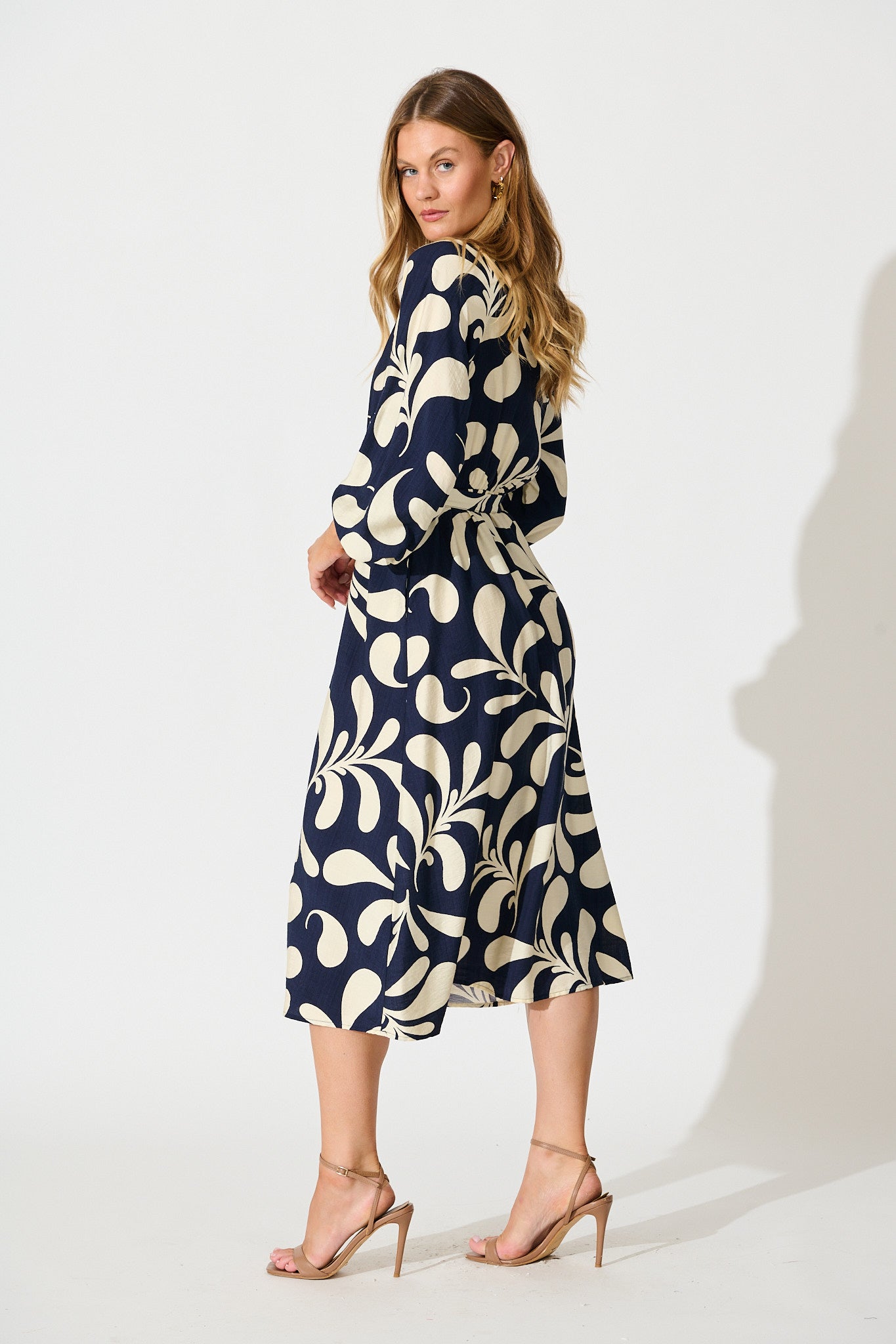 Peyton Midi Dress in Navy with White Print