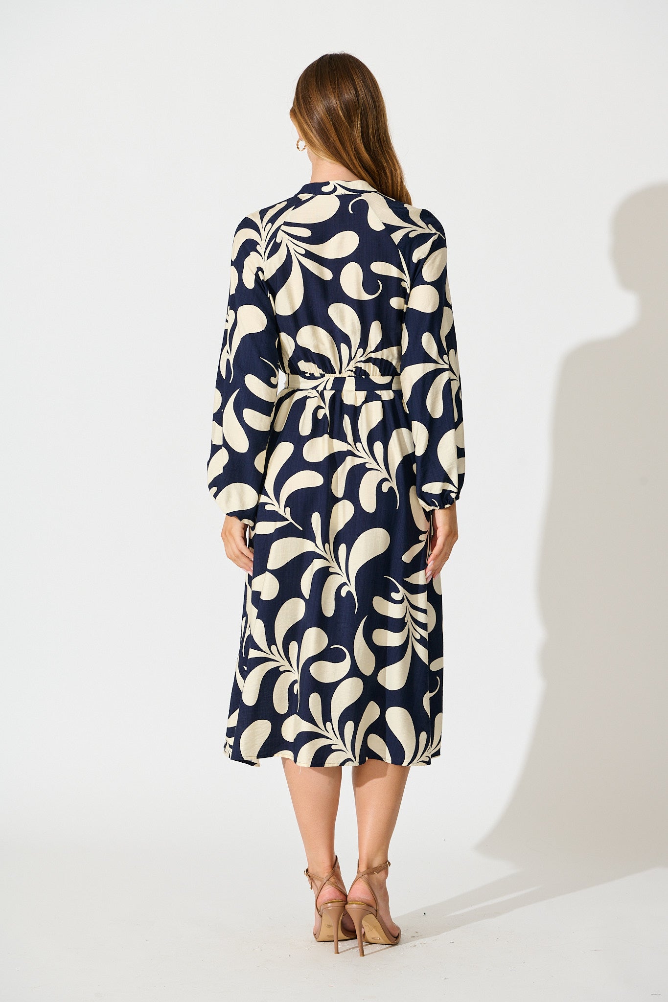 Peyton Midi Dress in Navy with White Print