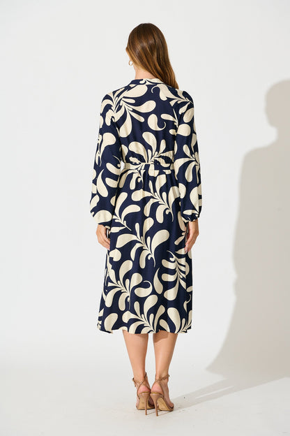 Peyton Midi Dress in Navy with White Print