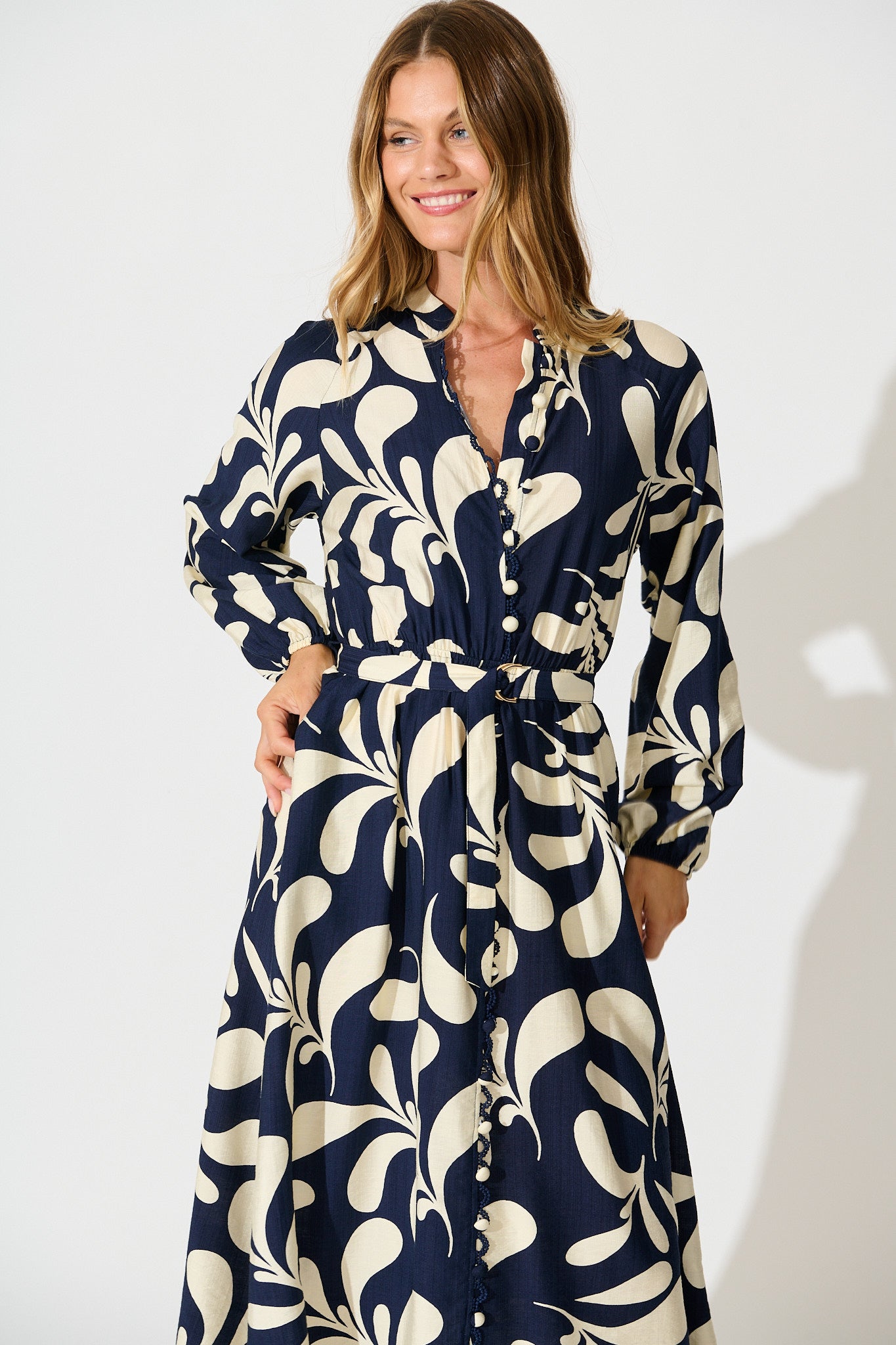 Peyton Midi Dress in Navy with White Print