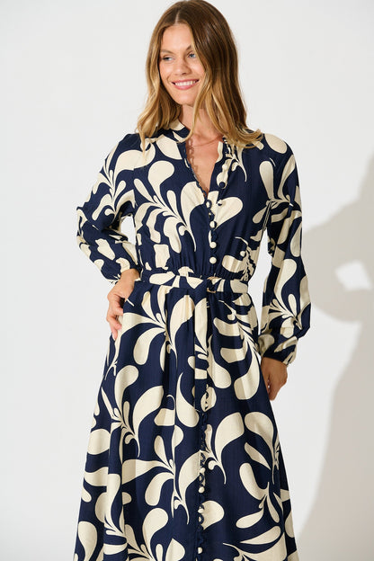 Peyton Midi Dress in Navy with White Print