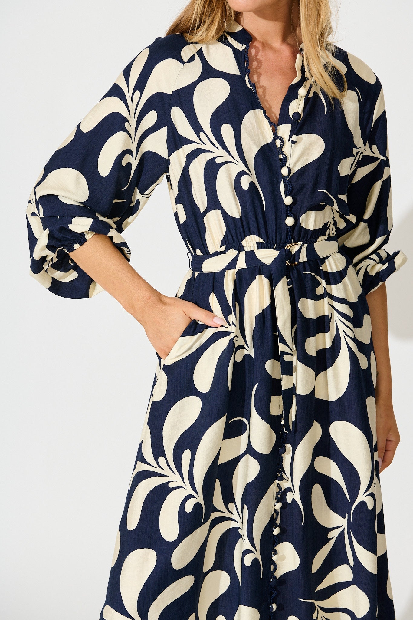 Peyton Midi Dress in Navy with White Print