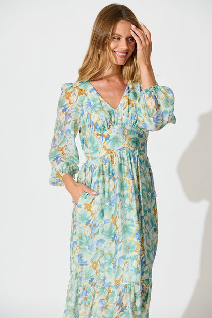 Marrakesh Midi Dress in Green Floral