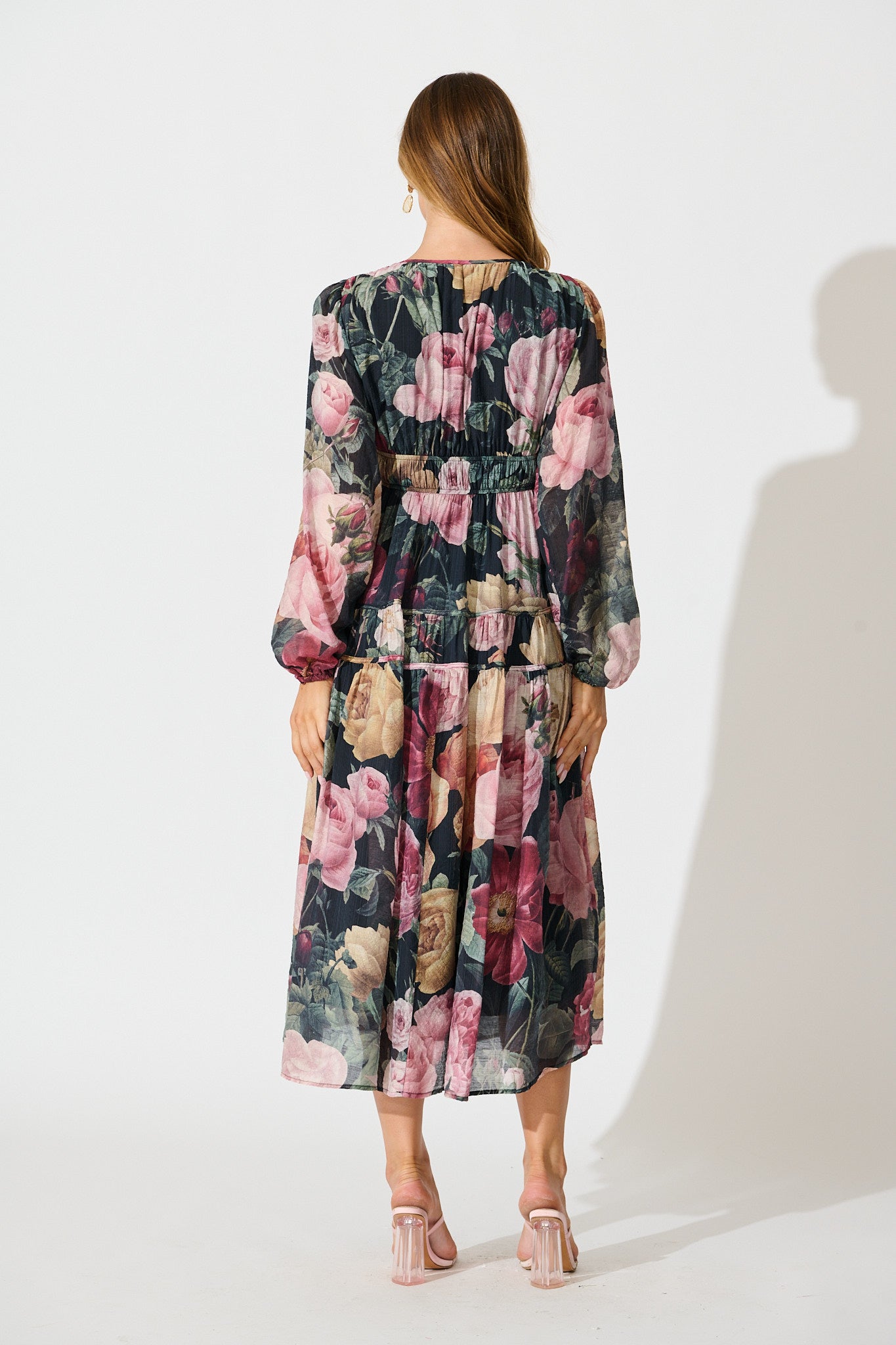 Brigette Midi Dress in Black with Multi Floral Print