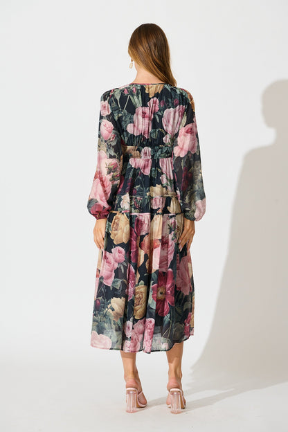 Brigette Midi Dress in Black with Multi Floral Print