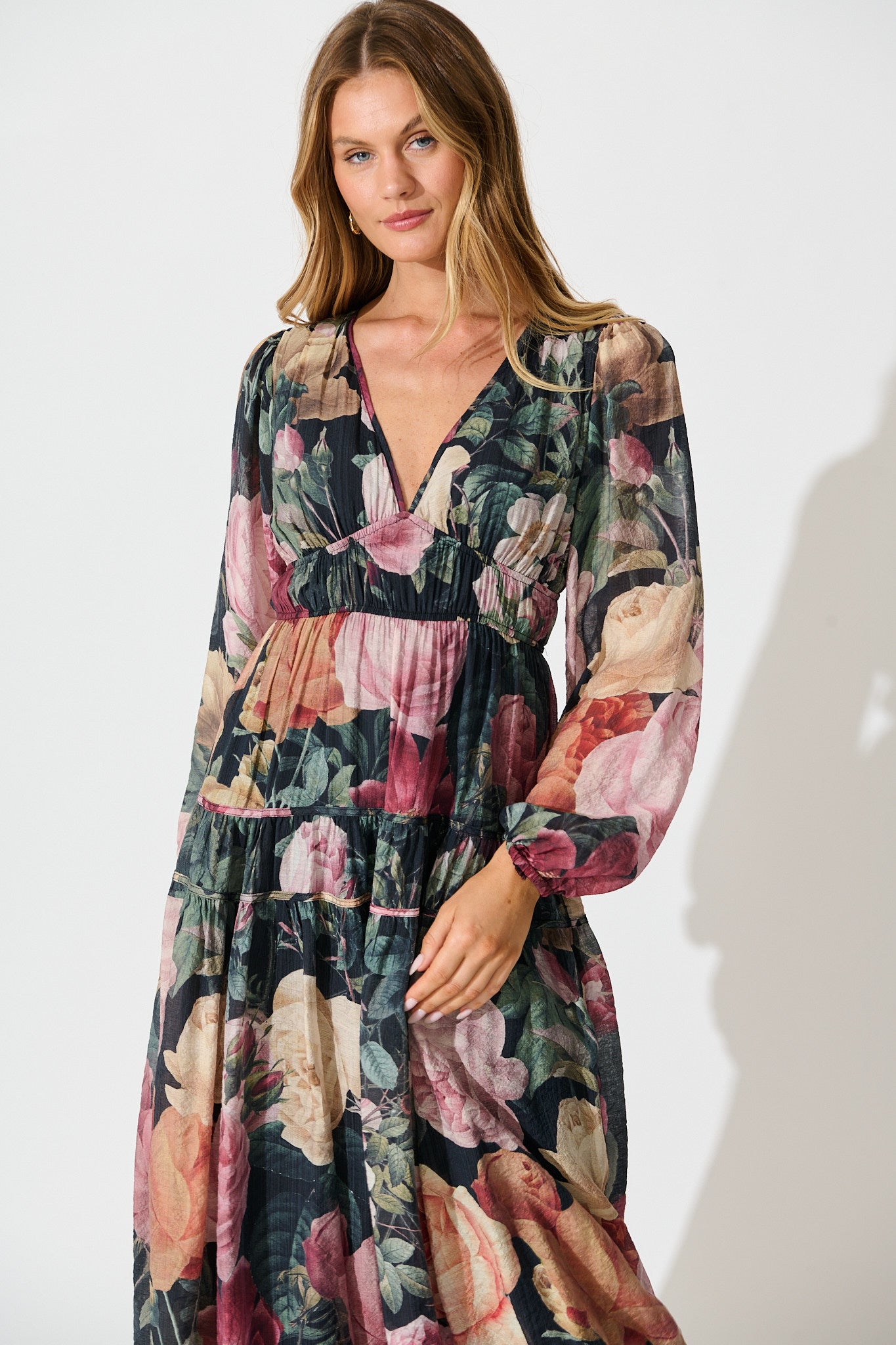 Brigette Midi Dress in Black with Multi Floral Print