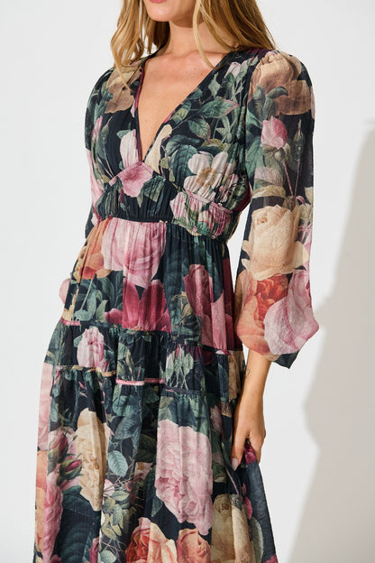 Brigette Midi Dress in Black with Multi Floral Print