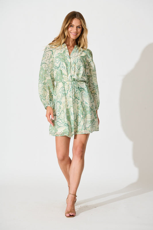 Janice Dress in Green with White Print