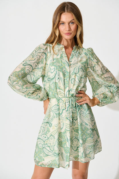 Janice Dress in Green with White Print