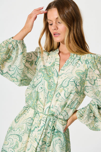Janice Dress in Green with White Print