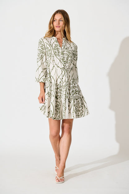 Sariyah Dress in Cream with Green Print Linen Blend
