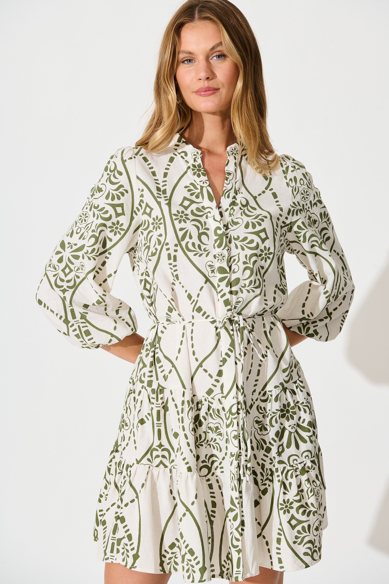 Sariyah Dress in Cream with Green Print Linen Blend