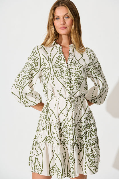 Sariyah Dress in Cream with Green Print Linen Blend