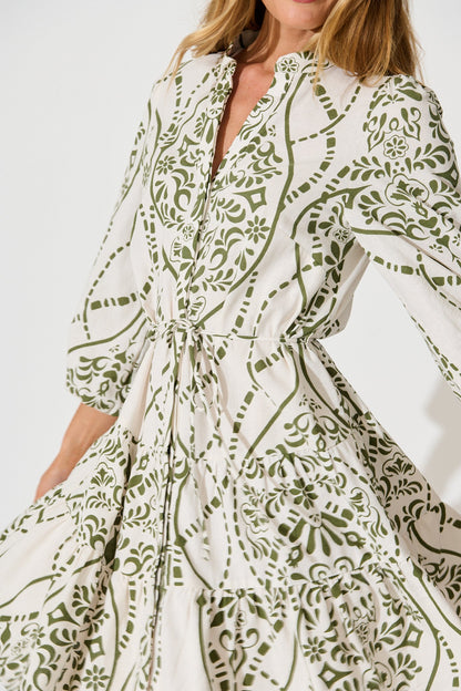 Sariyah Dress in Cream with Green Print Linen Blend