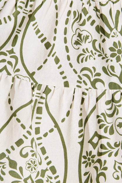 Sariyah Dress in Cream with Green Print Linen Blend
