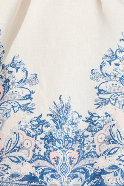 Rubie Dress in White with Blue Floral Print Linen Blend