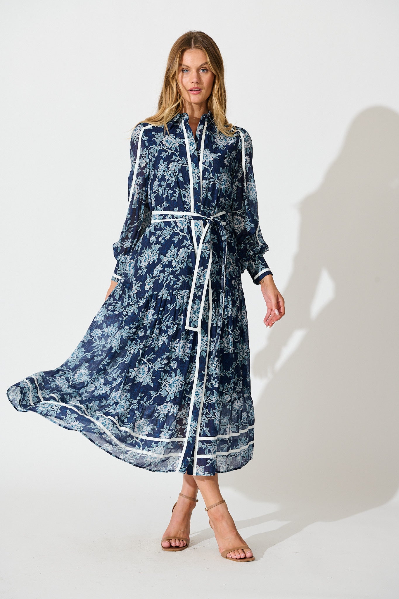 Mayella Maxi Shirt Dress in Navy Floral with Contrast Trim
