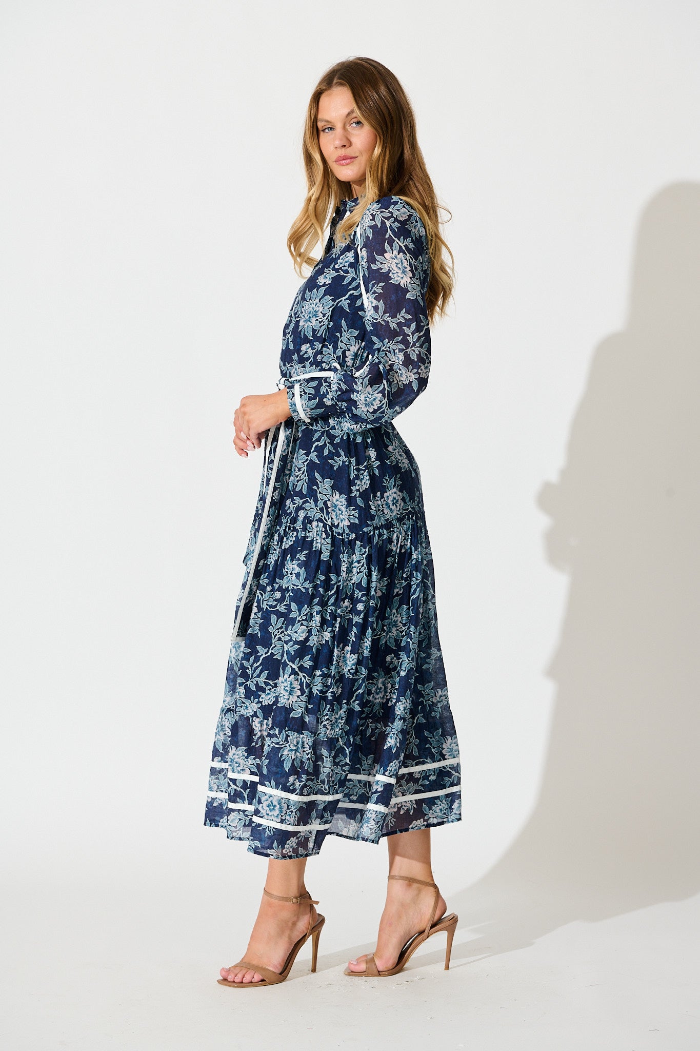 Mayella Maxi Shirt Dress in Navy Floral with Contrast Trim