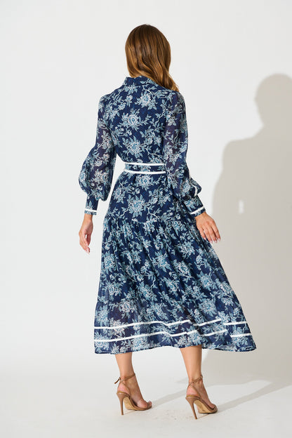 Mayella Maxi Shirt Dress in Navy Floral with Contrast Trim