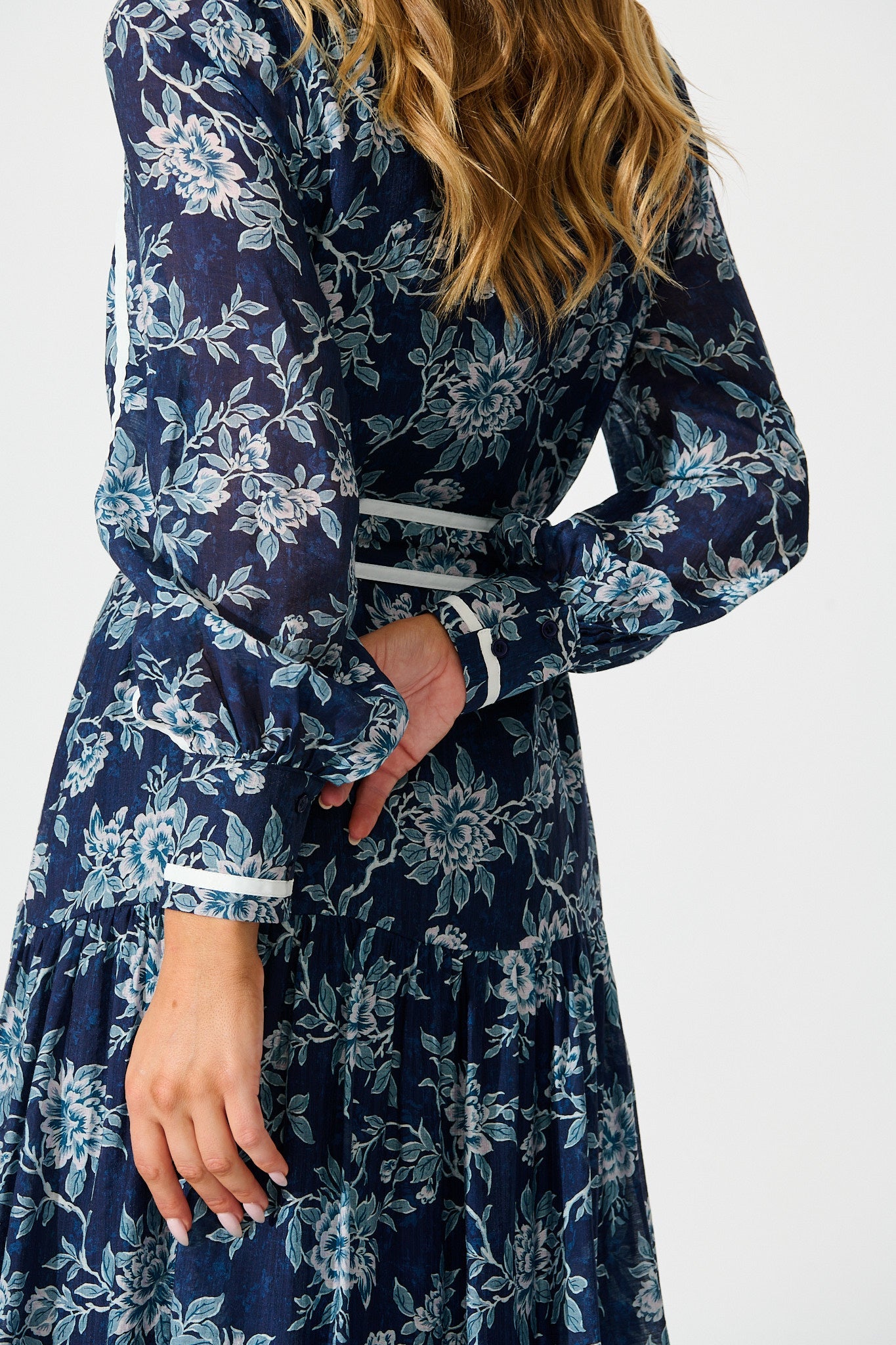 Mayella Maxi Shirt Dress in Navy Floral with Contrast Trim