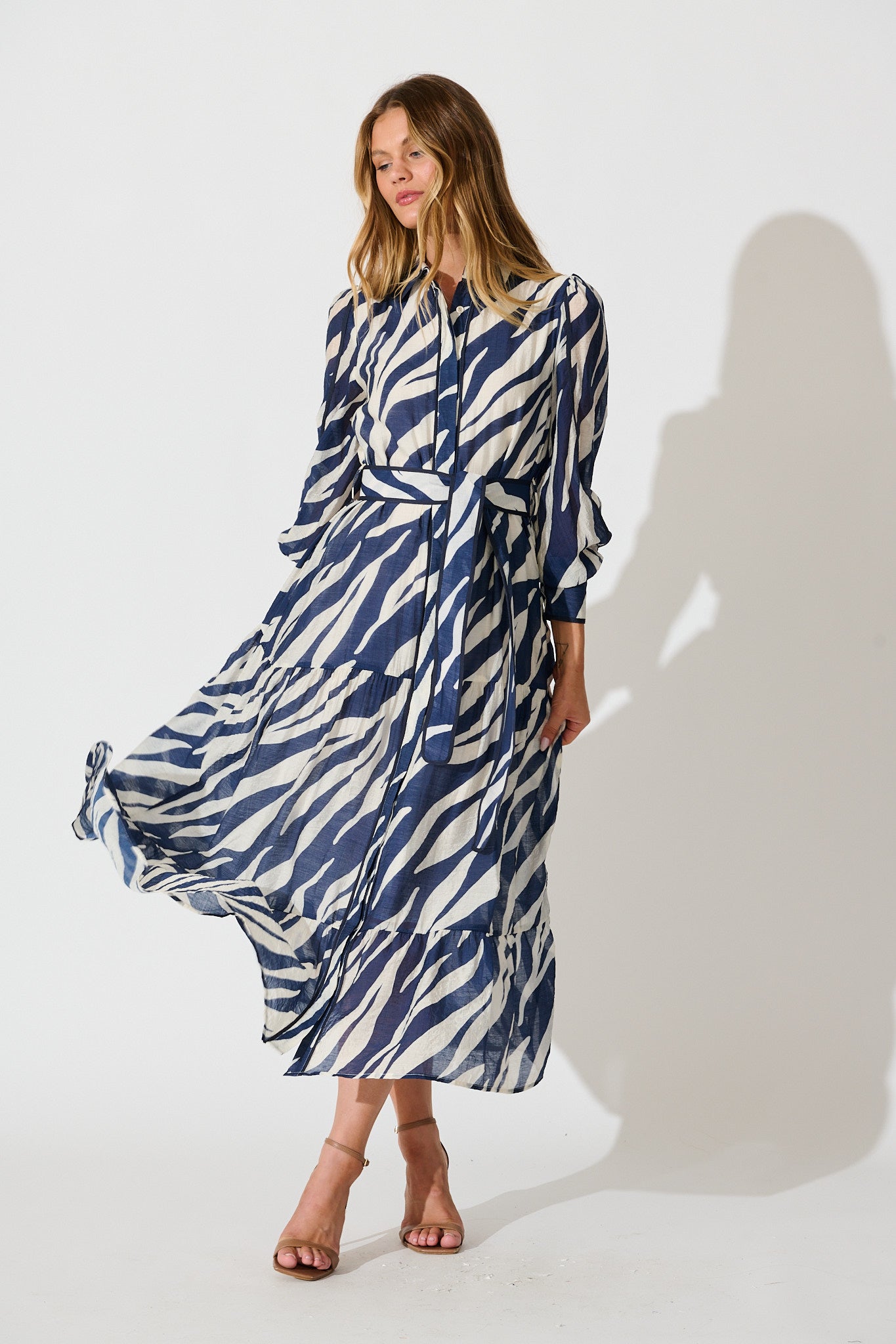 Naylor Maxi Shirt Dress in Navy with White Print