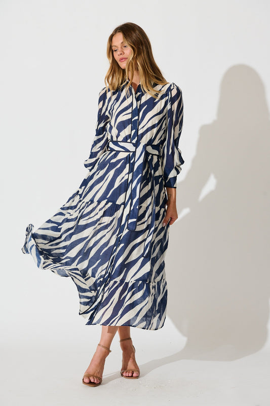 Naylor Maxi Shirt Dress in Navy with White Print