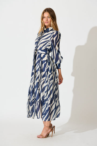 Naylor Maxi Shirt Dress in Navy with White Print