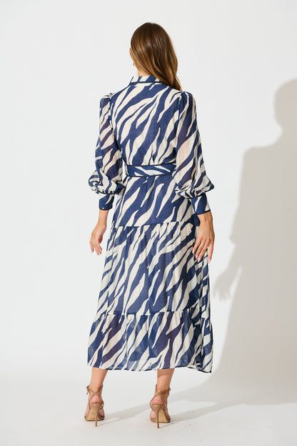 Naylor Maxi Shirt Dress in Navy with White Print