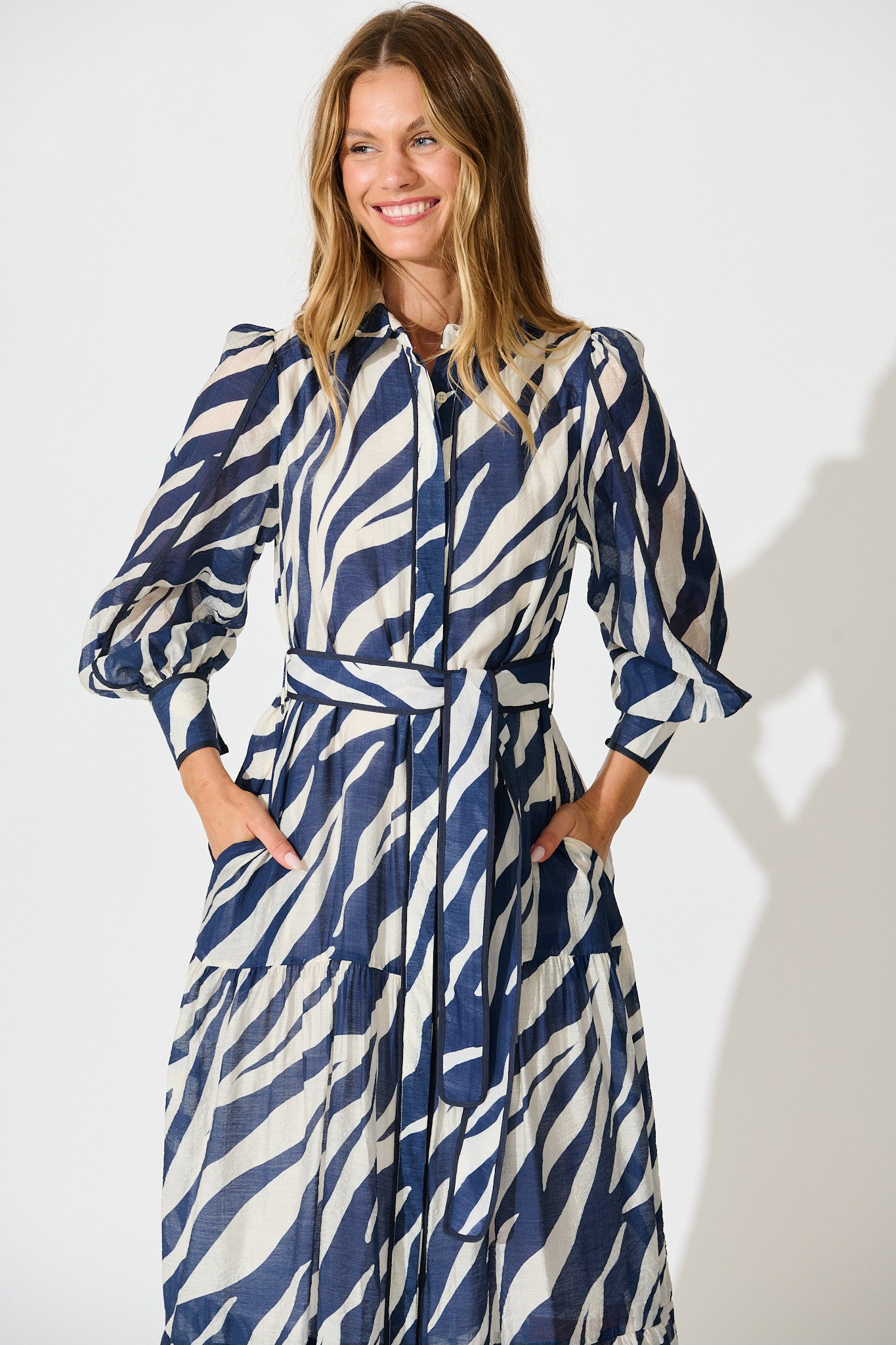 Naylor Maxi Shirt Dress in Navy with White Print