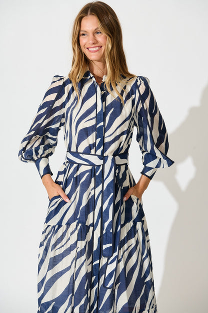 Naylor Maxi Shirt Dress in Navy with White Print