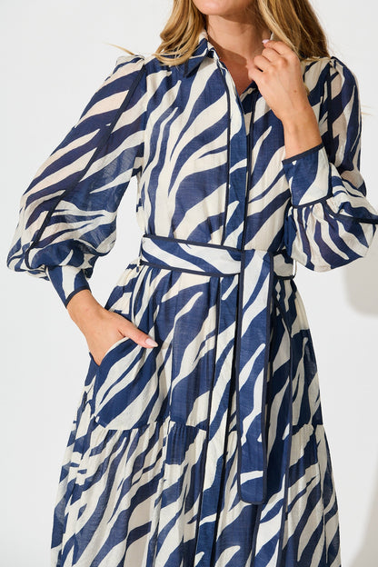 Naylor Maxi Shirt Dress in Navy with White Print