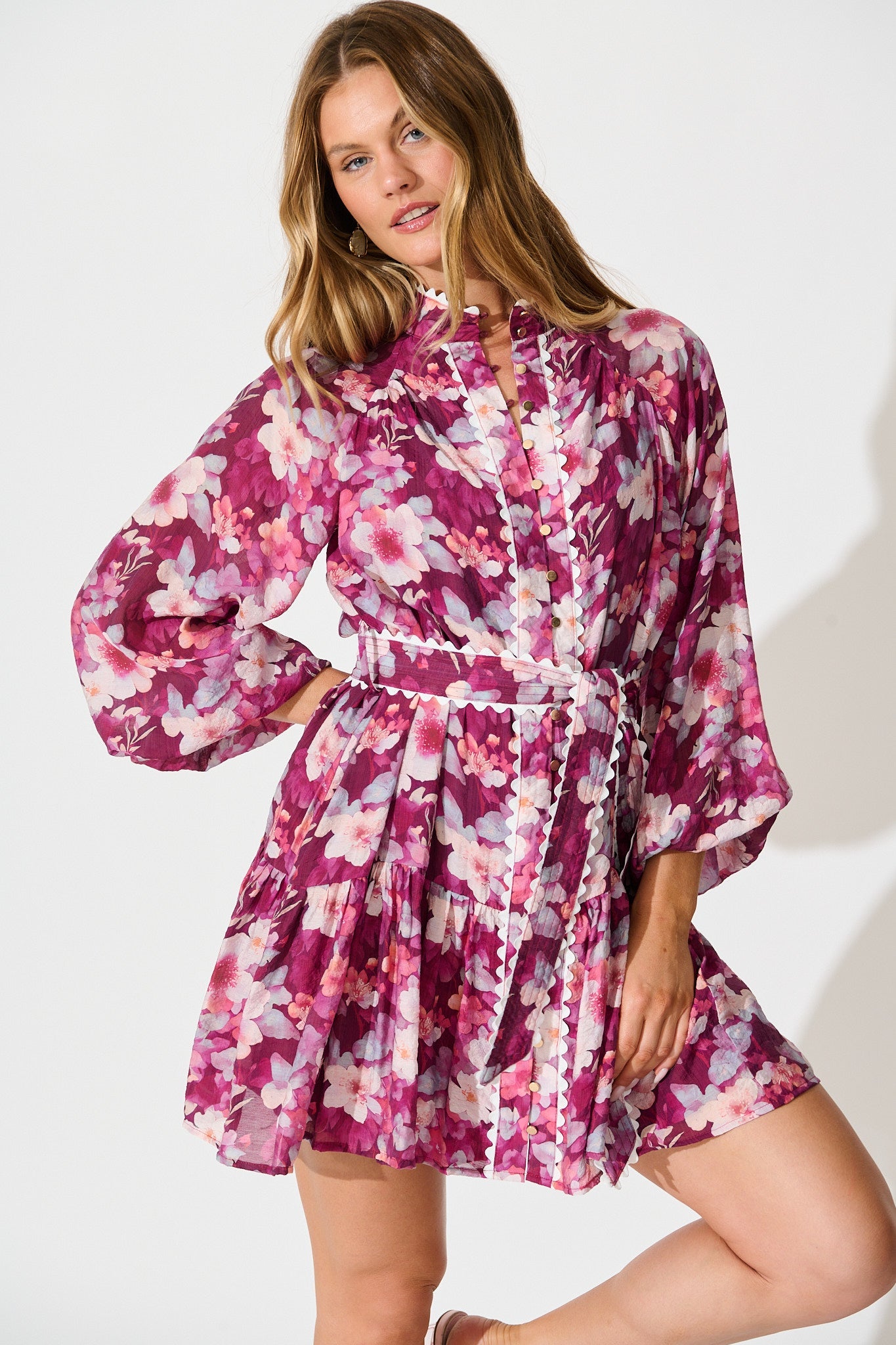 Izzy Dress in Plum Floral with Ric Rac Trim
